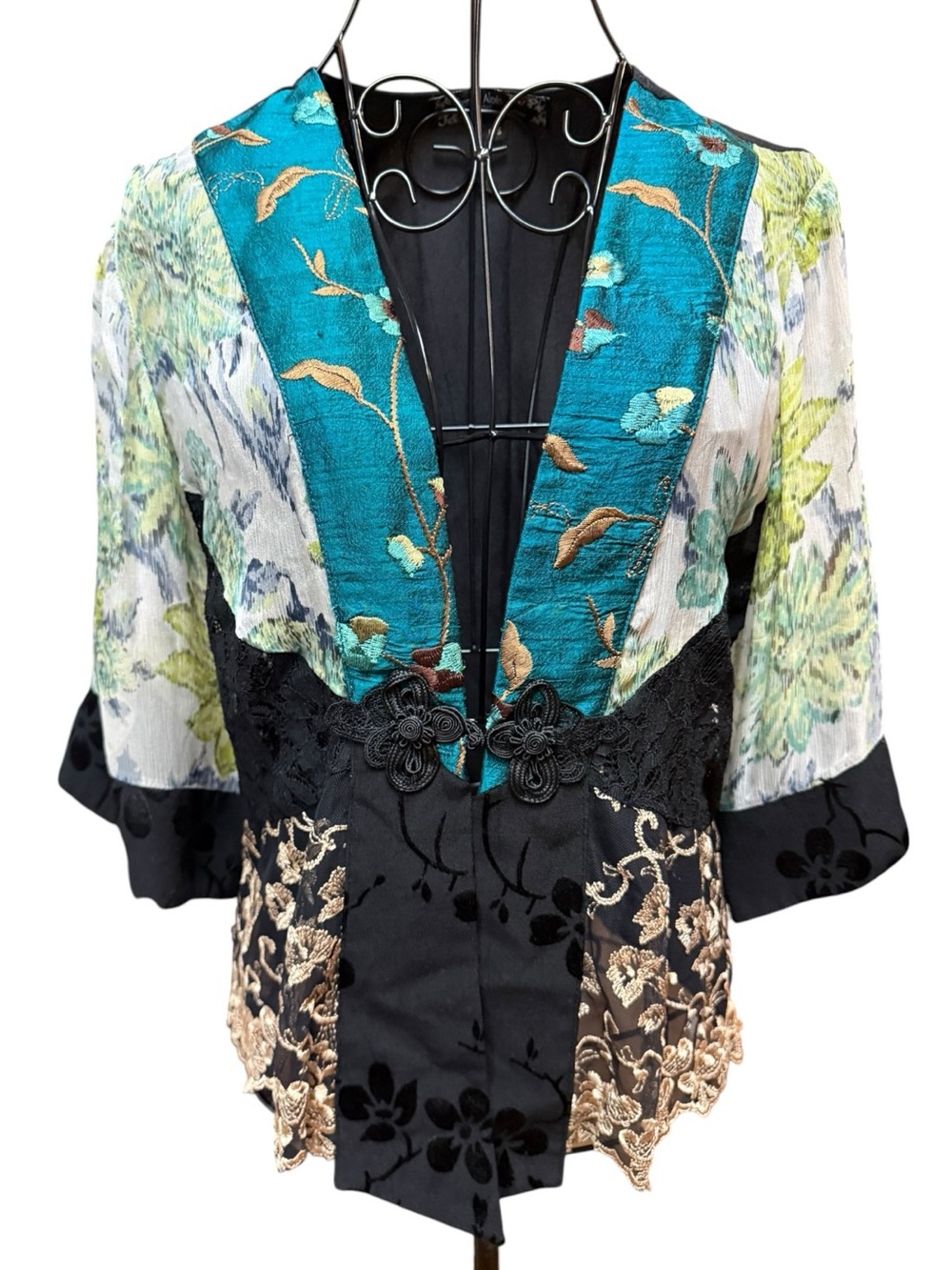 Spencer Alexis Lace Teal Black Green Floral Patchwork Kimono Jacket SP